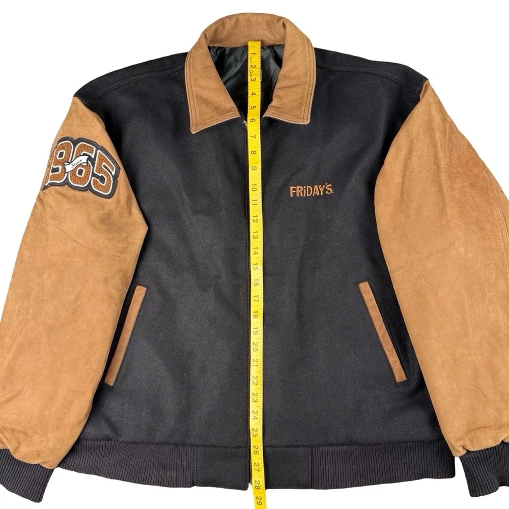TGI Fridays Leather Wool Varsity Jacket 40th Anniversary Black Tan‎ Large